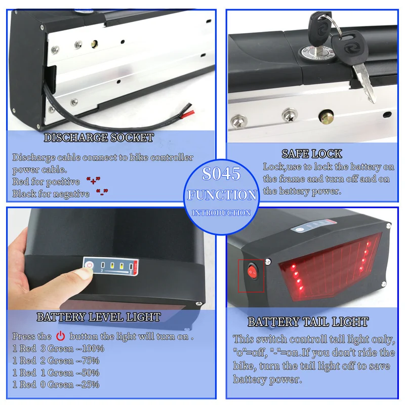 EU Lagerhaus 52V 20Ah Batterie S045 Schwarz - Mit schwarzem V-Brake Hanger Schwarz lithium-ionen Ebike Batterie mit BMS USB für Notfall backup Motor