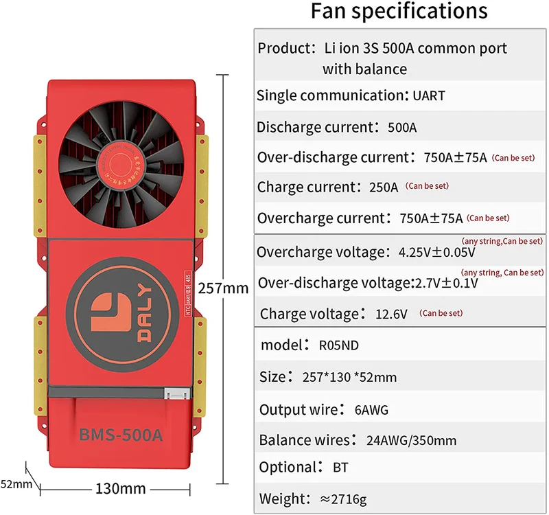 Daly smart bms Lion 3S 12V 500A FAN bluetooth BMS boardithium battery protection Board 52130257