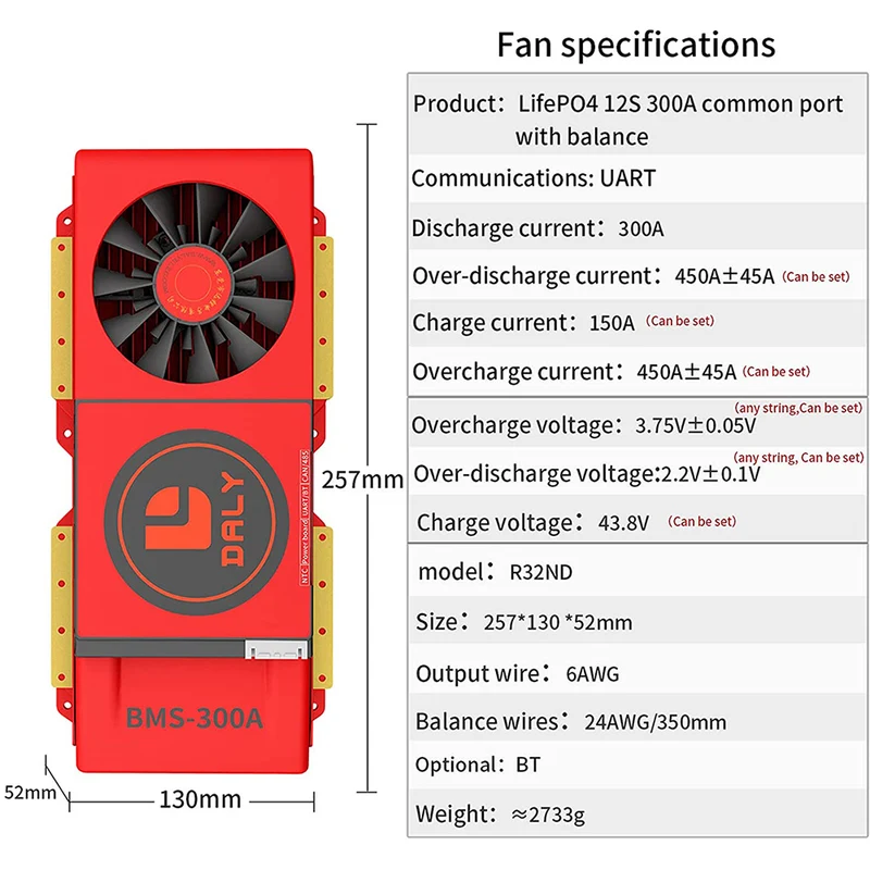 Daly smart bms Lifepo 12S 36V 300A FAN bluetooth BMS board 52 130 257