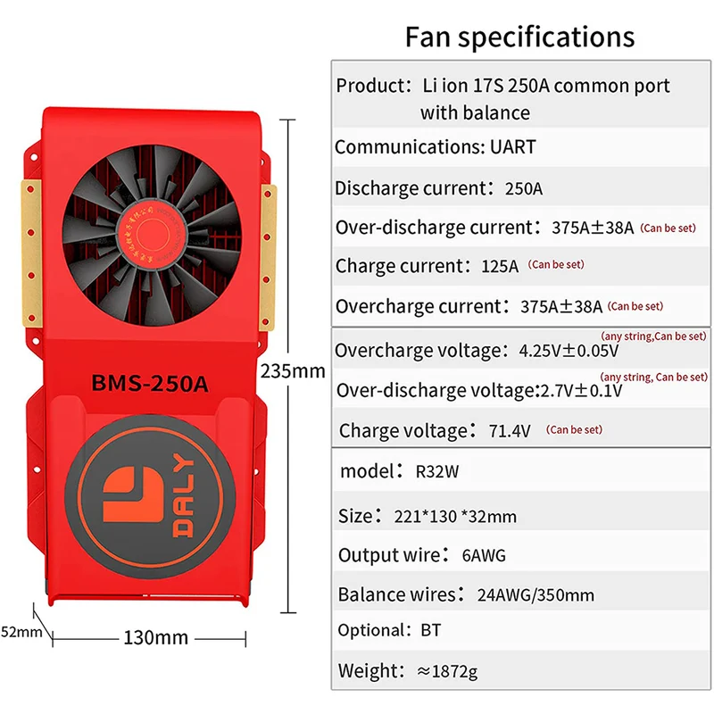 Daly smart bms Li-ion 17S 60V 250A bluetooth BMS board 52 130 235