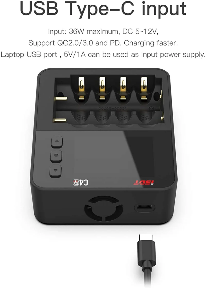 ISDT C4 EVO Batterieladegerät Akku Schnellladen TYPE-C QC 3.0 LiHv- und LiFePO4 18650 18700 26650 wiederaufladbare Batterien