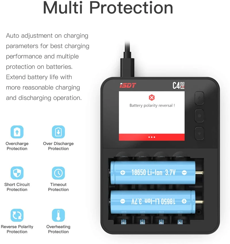 ISDT C4 EVO Batterieladegerät Akku Schnellladen TYPE-C QC 3.0 LiHv- und LiFePO4 18650 18700 26650 wiederaufladbare Batterien