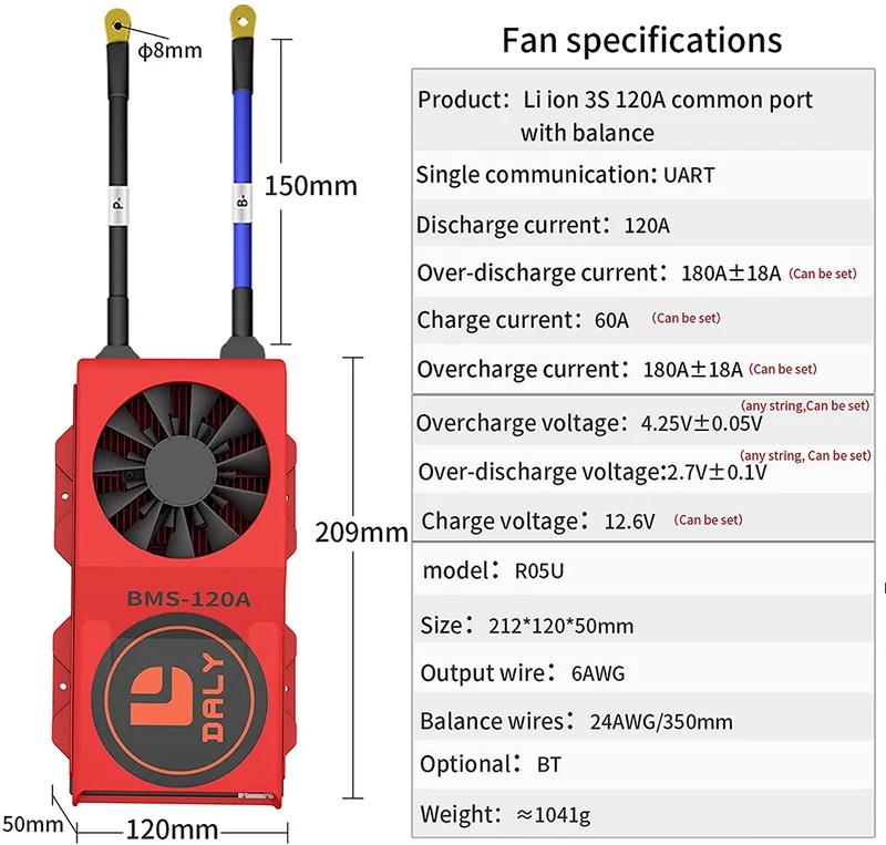 Daly smart bms Lion 3S 12V 120A FAN bluetooth BMS boardithium battery protection Board 50120209
