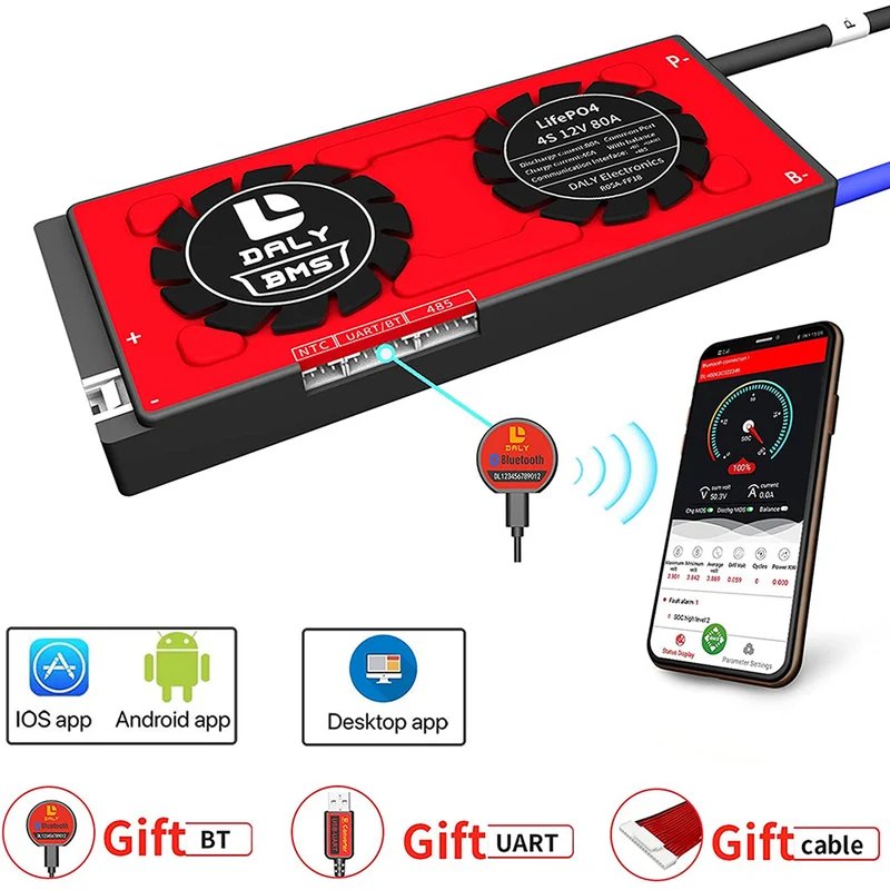 Daly smart bms Lifepo 4S 12V 80A bluetooth BMS board ithium battery protection Board 1966150