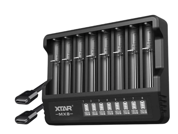 XTAR MX8 8-fach Ladegerät für 1,5V Li-Ion, 3,6-3,7V Li-Ion, 1,2V NiMH Akkus, USB-C-Stromversorgung