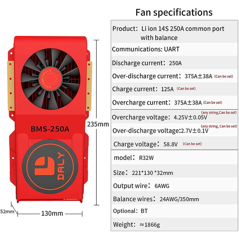 Daly smart bms Li-ion 14S 48V 250A FAN bluetooth BMS board 52 130 235