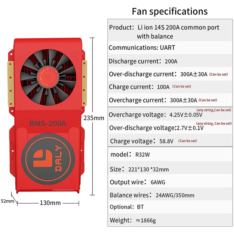 Daly smart bms Li-ion 14S 48V 200A FAN bluetooth BMS board 52 130 235