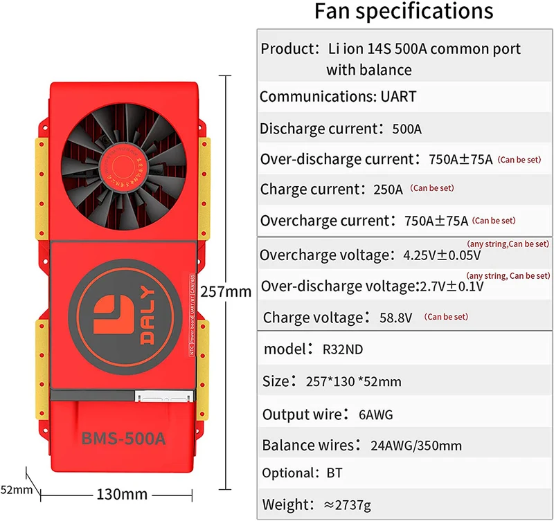 Daly smart bms Li-ion 13S 48V 500A bluetooth BMS FAN board 52 130 257