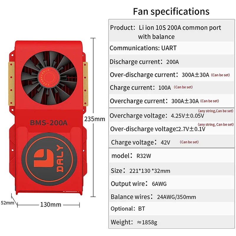Daly smart bms Li-ion 10S 36V 200A FAN bluetooth BMS board 52 130 235