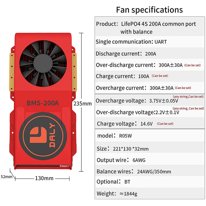 Daly smart bms Lifepo 4S 12V 200A FAN bluetooth BMS board 52 130 235