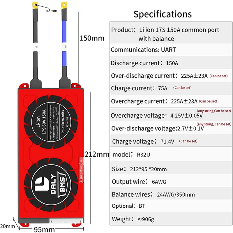 Daly smart bms Li-ion 17S 60V Li-Ion 150A with BMS bluetooth 20 95 212