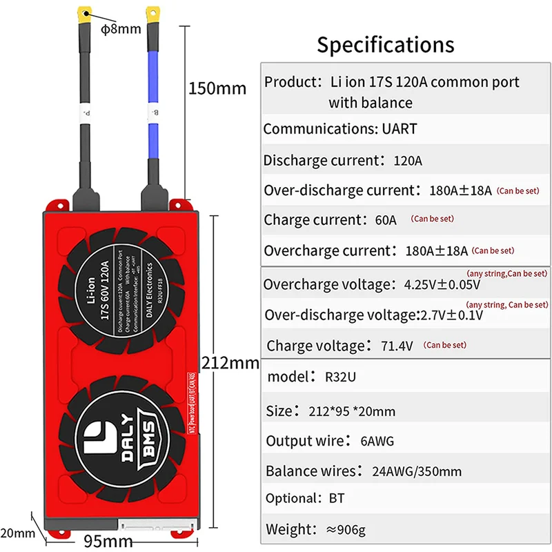 Daly smart bms Li-ion 17S 60V 120A with bluetooth 20 95 212