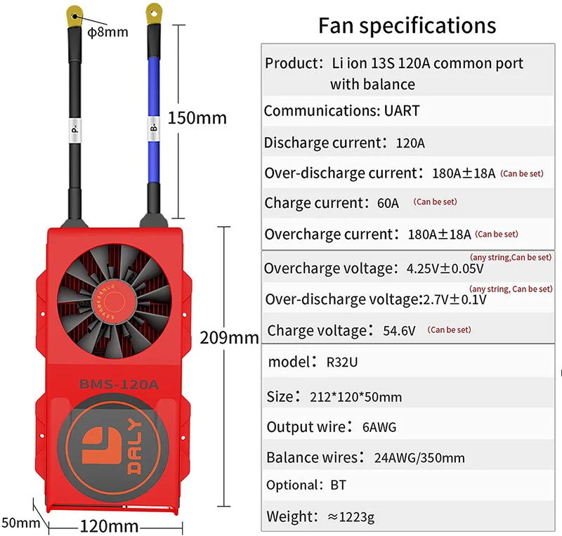 Daly smart bms Li-ion 13S 48V 120A with Fan bluetooth 50 120 209