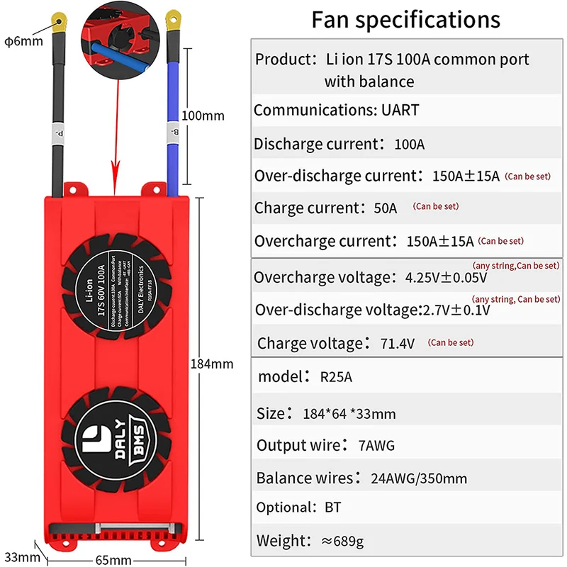 Daly smart bms Li-ion 17S 60V 100A FAN with bluetooth 33 65 184
