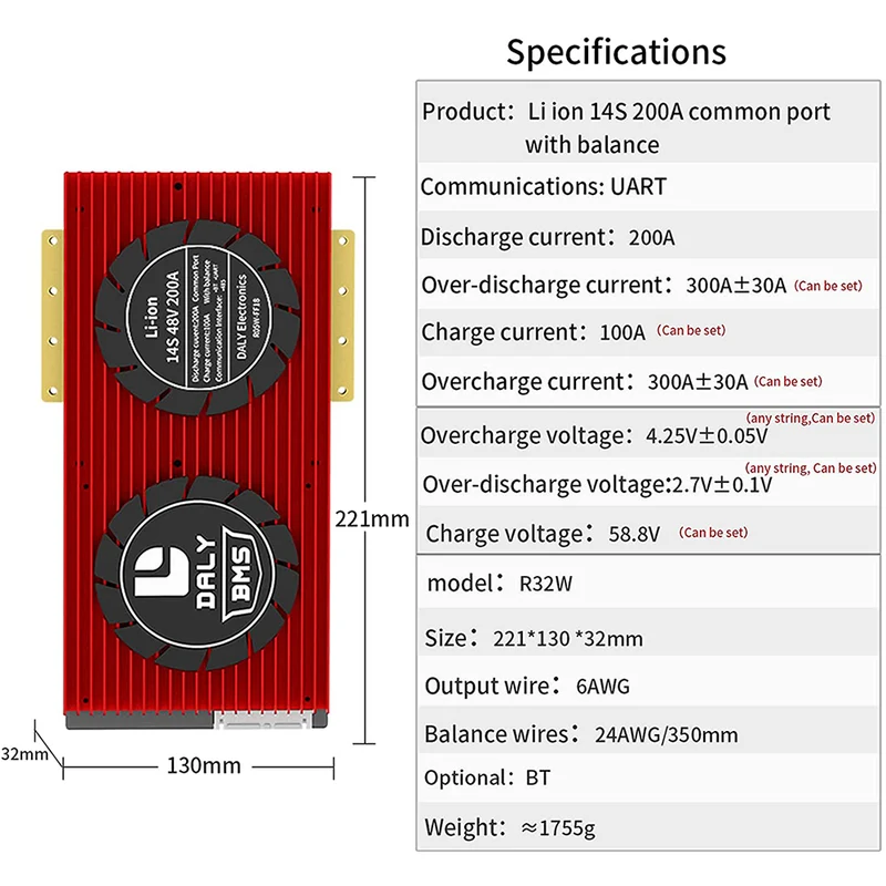 Daly smart bms Li-ion 14S 48V 200A bluetooth 32130221