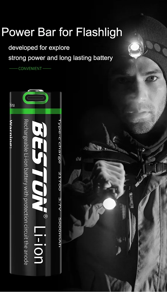 3,7 V 21700 Typ-C Wiederaufladbare Li-Ion-Beston-Batterie 5000 mAh Lithium-Batterien für Taschenlampe