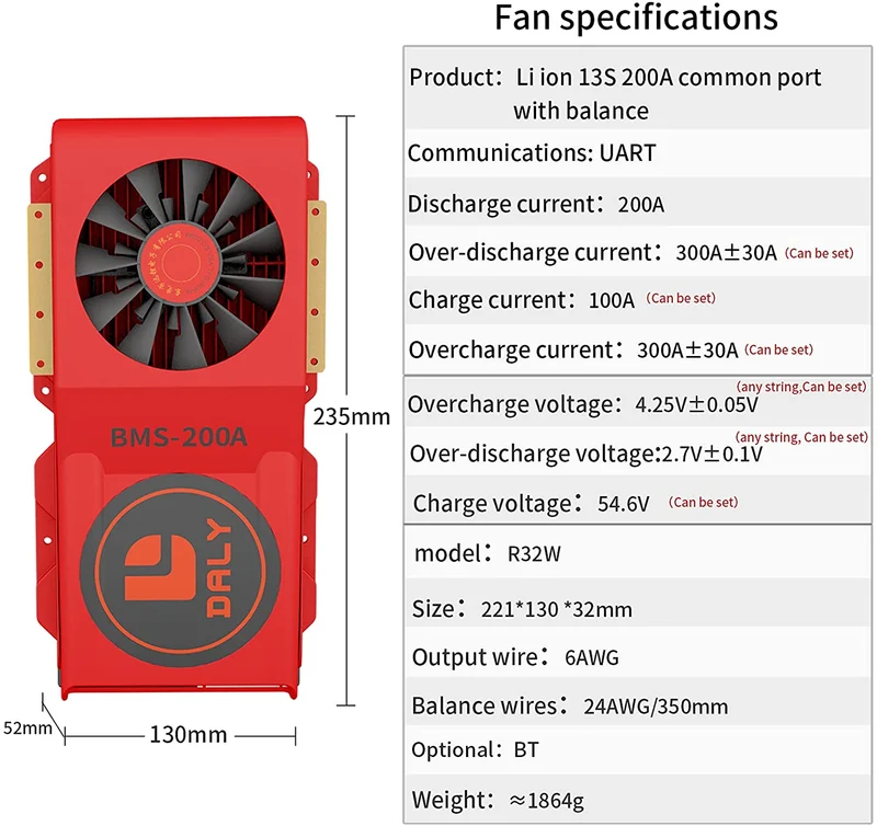 Daly smart bms Li-ion 13S 48V 200A FAN bluetooth 52 130 235
