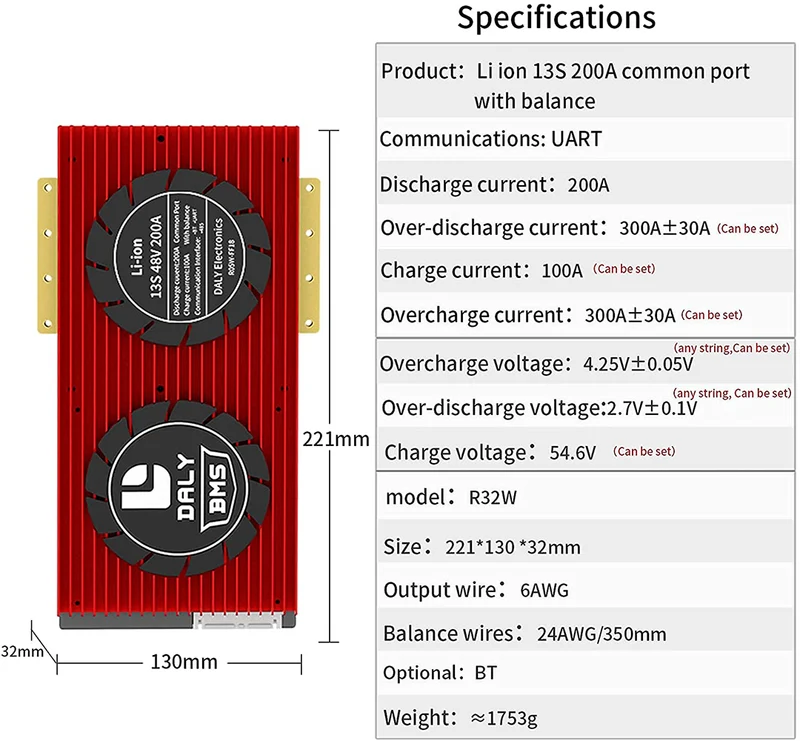 Daly smart bms Li-ion 13S 48V 200A bluetooth 32130221