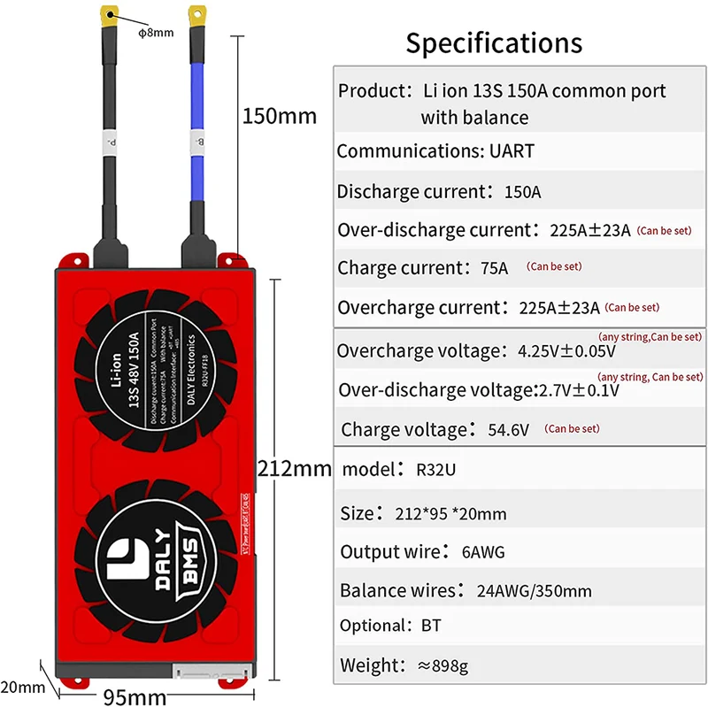 Daly smart bms Li-ion 13S 48V 150A with bluetooth 20 95 212