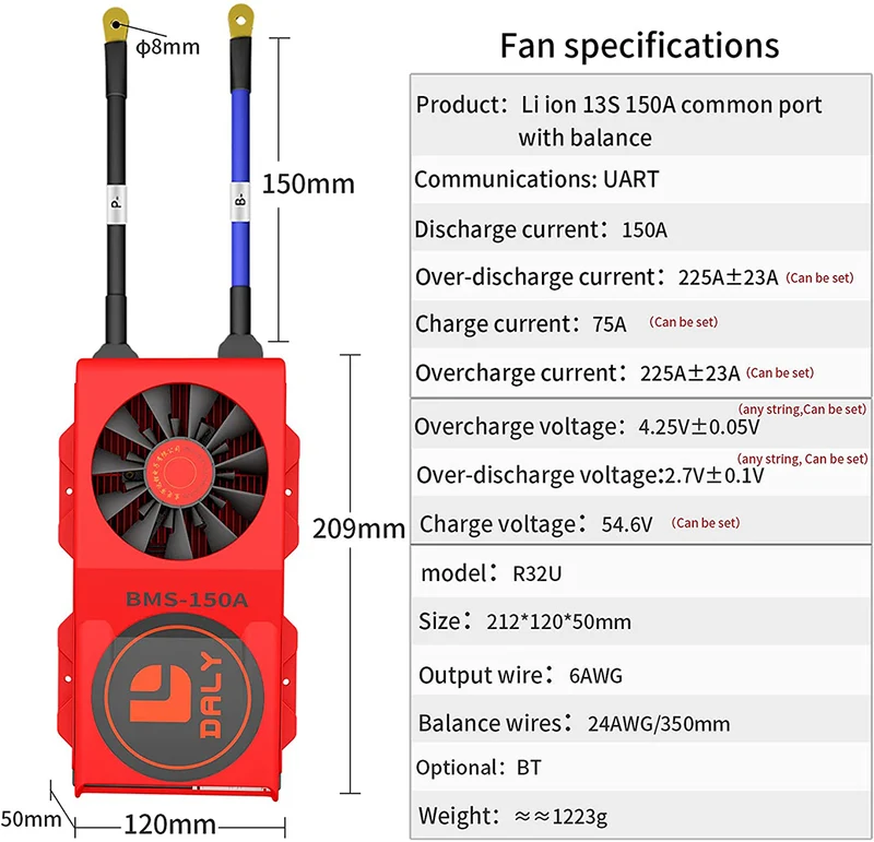 Daly smart bms Li-ion 13S 48V 150A with Fan bluetooth 50 120 209