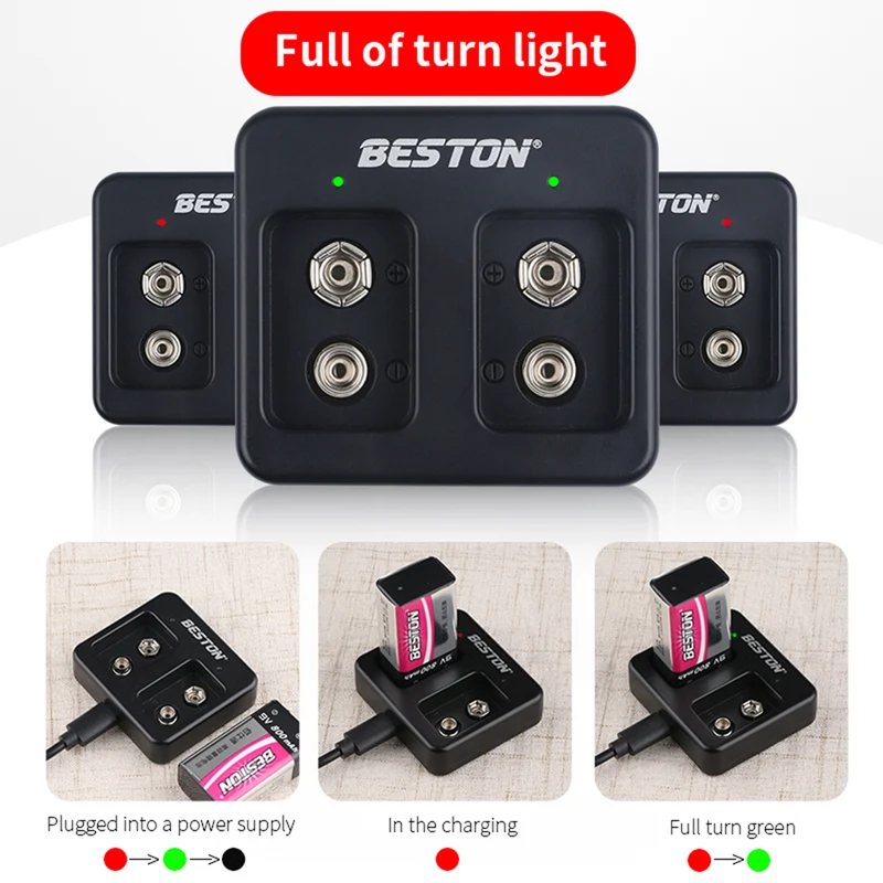 9V wiederauf lad bares LI-Ionen-Lithium-Ladegerät plus 9V 800mAh Batterie-Kits BESTON 2 Bay Smart