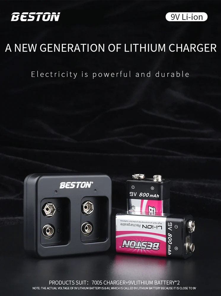 9V wiederauf lad bares LI-Ionen-Lithium-Ladegerät plus 9V 800mAh Batterie-Kits BESTON 2 Bay Smart