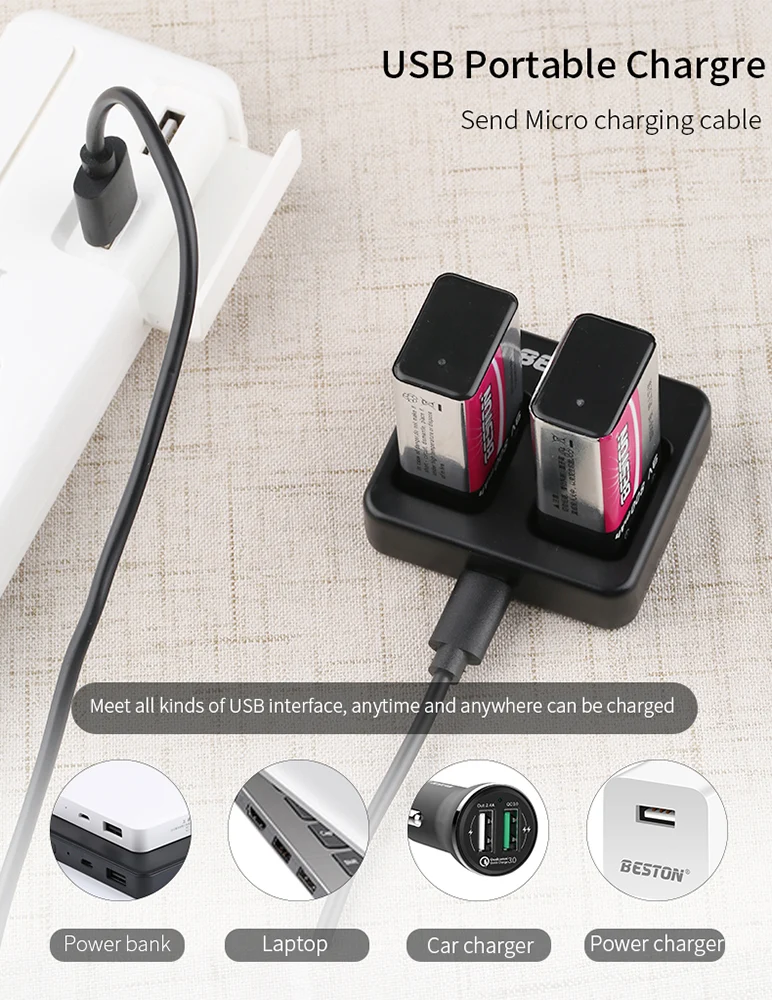 9V wiederauf lad bares LI-Ionen-Lithium-Ladegerät plus 9V 800mAh Batterie-Kits BESTON 2 Bay Smart