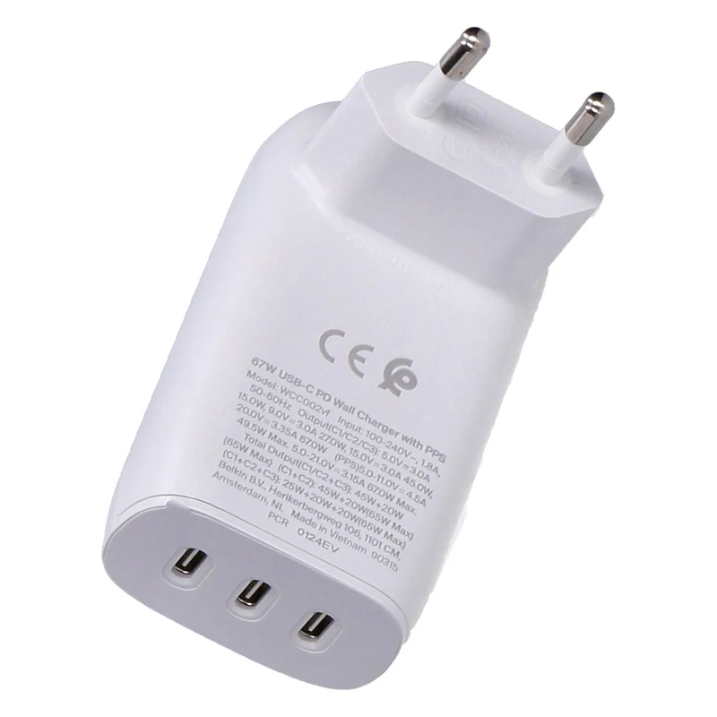 Belkin BoostCharge 3-Port USB-C Ladegerät weiß Netzstecker PPS 67W