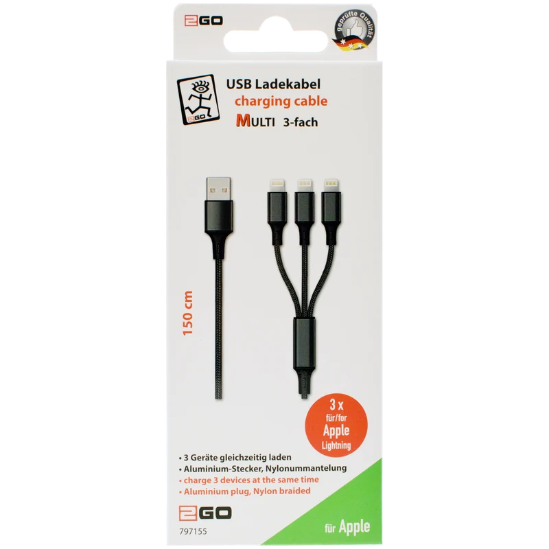 3 in 1 USB Ladekabel - USB A auf 3 x Apple Lightning - 150 cm - schwarz