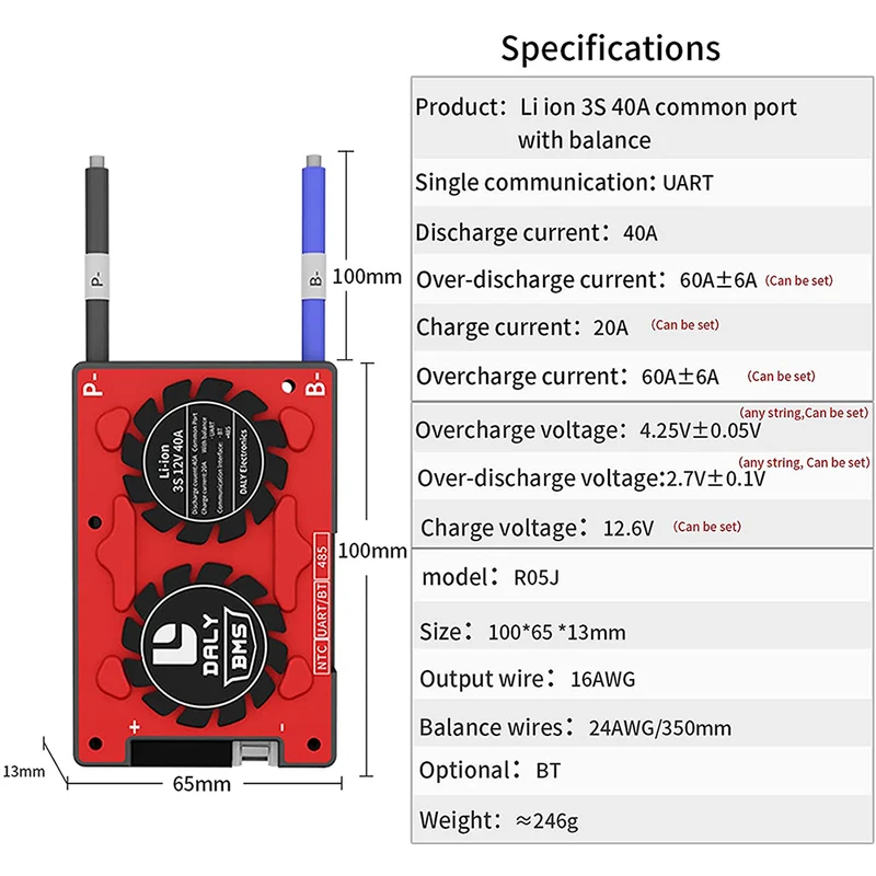Daly BMS Li-Ion BMS 3S 12V 40A separate Lithium-batterie BMS