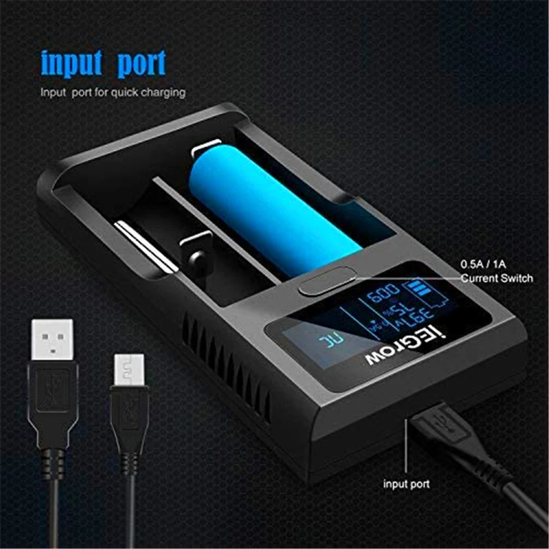18650 Batterieladegerät, LCD Akku Ladegerät mit USB Anschluss 3,7 V Li-Ion Akku, 2 Steckplätze