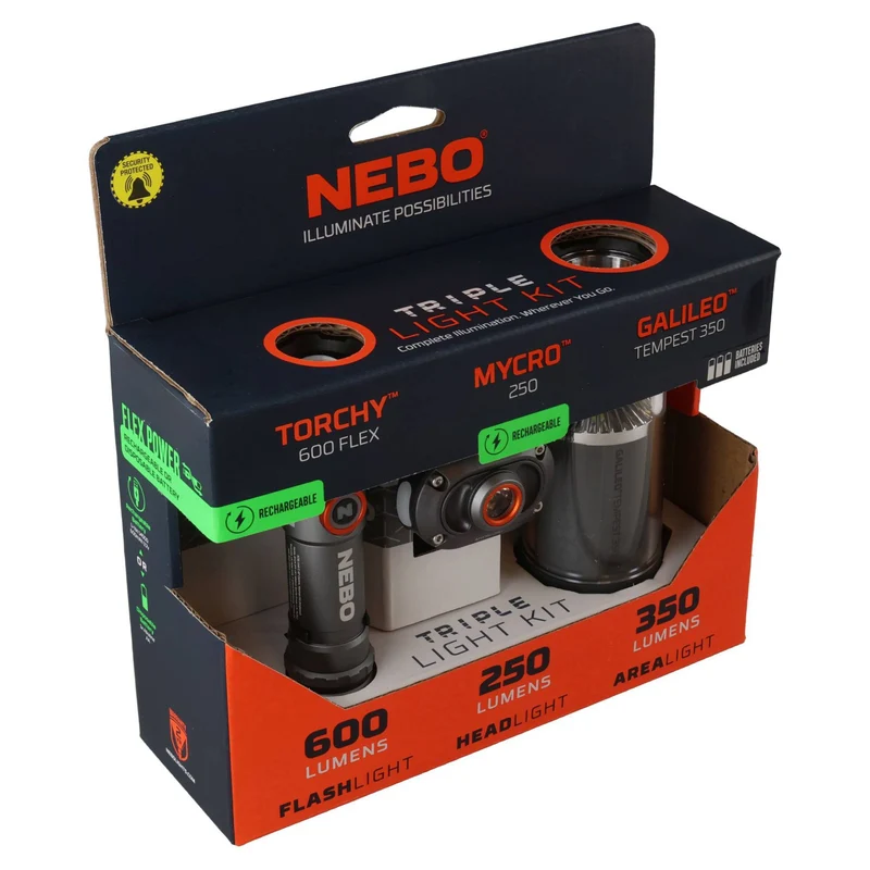 NEBO TRIPLE LIGHT KIT 8 (MYCRO 250 Stirnlampe, GALILEO 350 Laterne, 600 FLEX Taschenlampe, 3x AA (Mignon), 350 Lumen, Reichweite 17 Meter