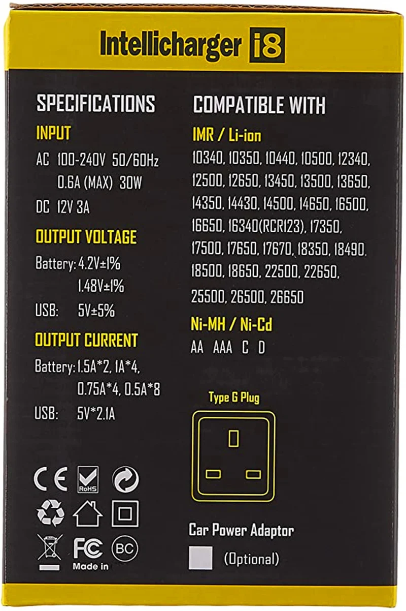 Nitecore i8 8 Steckdosenladegerät für Lithium Ionen , Nickel Metallhydrid und Nickel Cadmium Akkus, schwarz, p