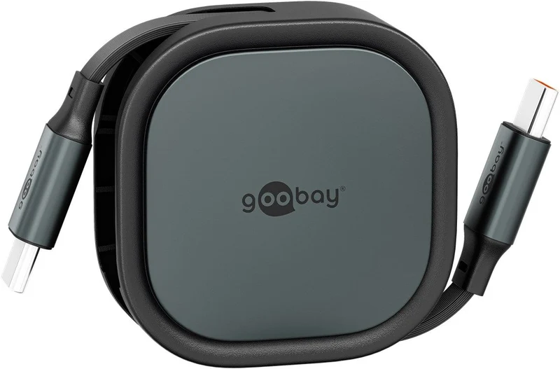 Goobay Selbstaufrollendes USB-C-Kabel in robuster Gehäusebox, 15 W, ultrakompakt und leicht, Kabellänge 1 Meter, schwarz