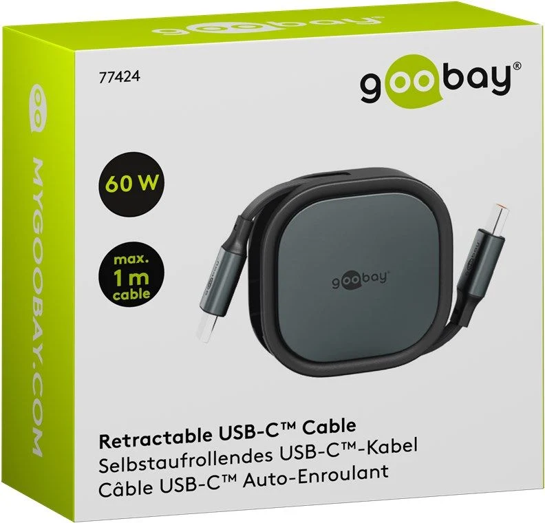 Goobay Selbstaufrollendes USB-C-Kabel in robuster Gehäusebox, 15 W, ultrakompakt und leicht, Kabellänge 1 Meter, schwarz