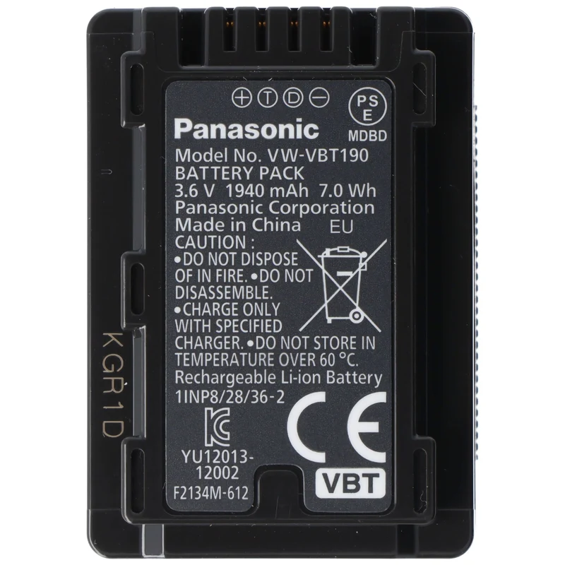 Panasonic VW-VBT190E-K Original Akku VW-VBT190, HC-VXF999, HC-VX878, HC-VX989, HC-V110, HC-V130, HC-V160, HC-V180, HC-V210, HC-V250, HC-V270, HC-V380, HC-V510, HC-V550, HC-V727, HC-V757, HC-V777, HC-WX979, HC-W570, HC-W580, HC-W858