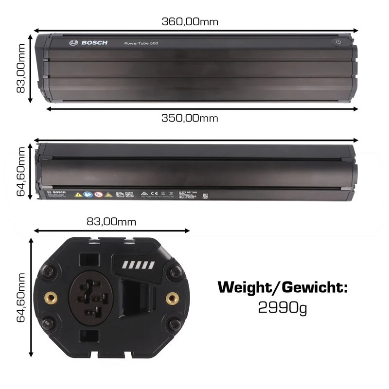 Bosch e-bike 500Wh Akkutyp PowerTube 500 vertikal Akku Bosch 4047025782128, 0275007540, 0.275.007.540, 0.275.007.544, 0.275.007.556, 0275007544, 0275007556, BBP281, BBP283, BBP290