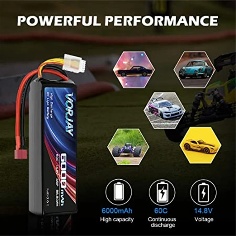 VORJAY 4S 14,8V 60C 6000mAh LiPo Akku mit Deans T Stecker und XT 60 Verbinder Batterie Ersatzakku für Heli Flugzeug Hubschrauber