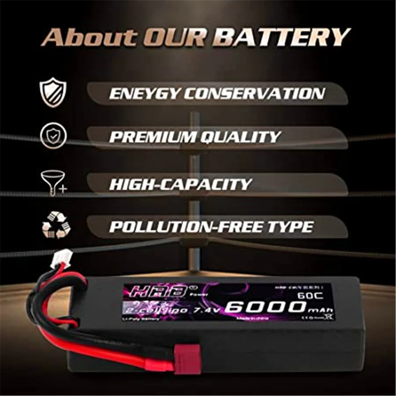 HRB RC Akku 6000 mAh Lipo Batterie 7,4V 60C 2S mit Female T-Stecker Batterie Ersatzakku für RC Auto Flugzeug Helikopter