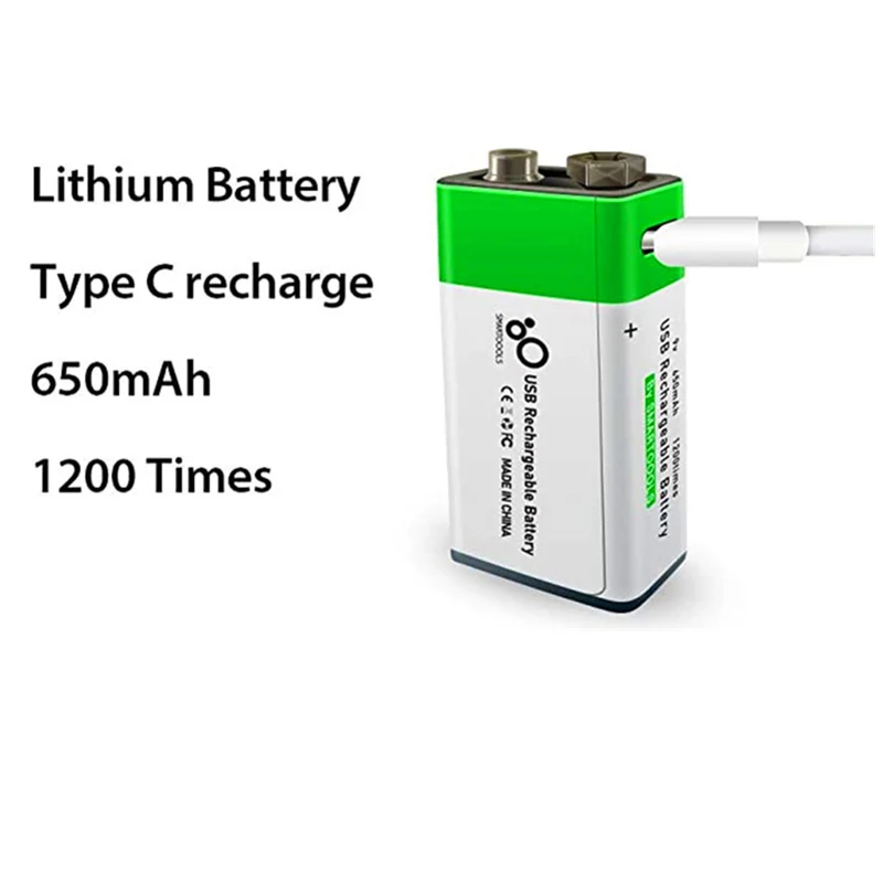 2 Stück Wiederaufladbarer USB 9 V Lithium Ionen Akku, hohe Kapazität, 650 mAh, wiederaufladbarer 9 V Akku, 1,5 H Schnellladung