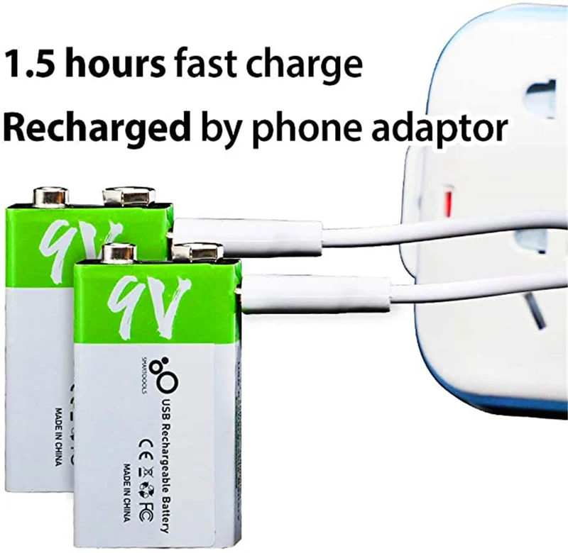 2 Stück Wiederaufladbarer USB 9 V Lithium Ionen Akku, hohe Kapazität, 650 mAh, wiederaufladbarer 9 V Akku, 1,5 H Schnellladung