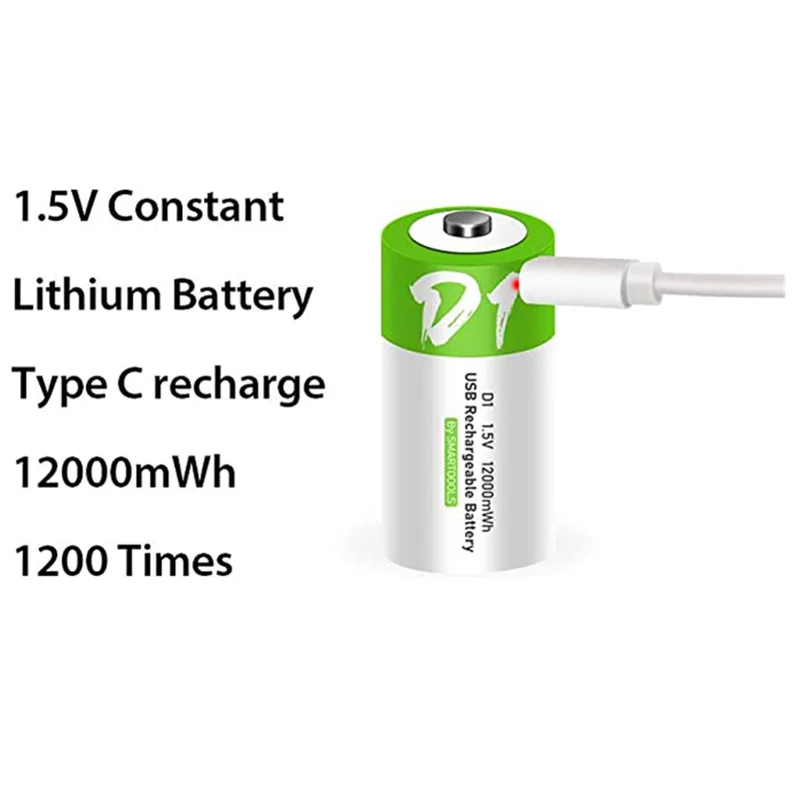 2 Stück Wiederaufladbarer USB D Lithium Ionen Akku, 1,5 V, 12000 mWh, wiederaufladbarer D Akku, 4 Stunden Schnellladung, konstanter