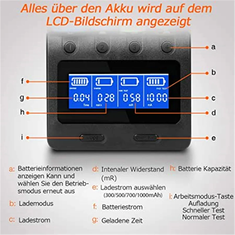 18650 Ladegerät Batterieladegerät 4 Schächte LCD Display USB Geräte für wiederaufladbare Batterien Li-ion NI-MH NI-Cd A AA AAA