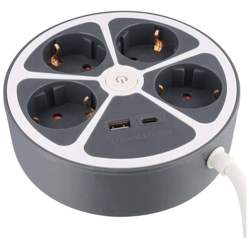 Heitech Tischsteckdose 4-fach mit USB-A und USB-C Ladeanschluss, runde Form, Kabellänge 1,4 Meter