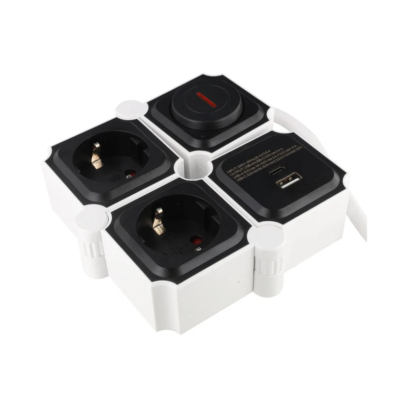 Heitech Tischsteckdose 2-fach mit USB-A und USB-C Ladeanschluss, bewegliche Steckdosenleiste