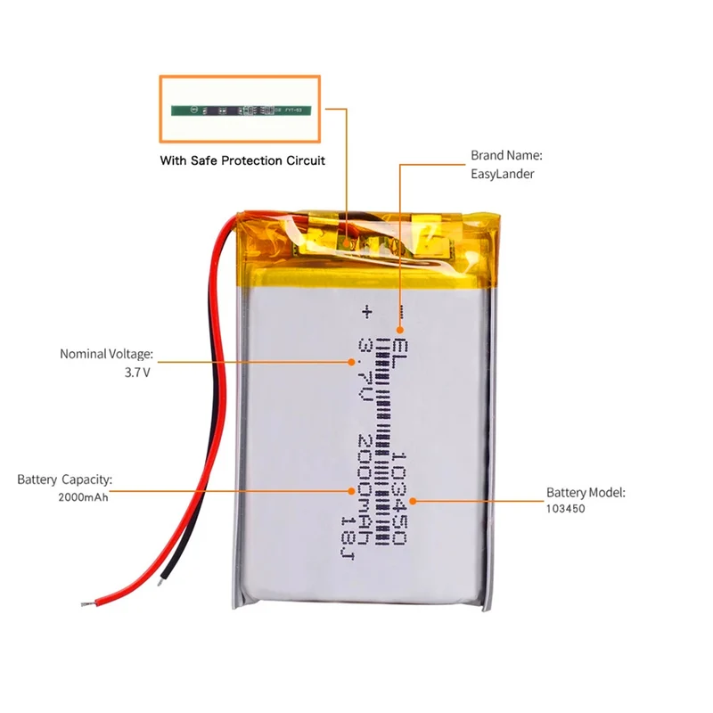 3,7 V 2000 mAh 103450 Lithium Polymer Lithium Batterie Navigator DVR GPS-Kamera