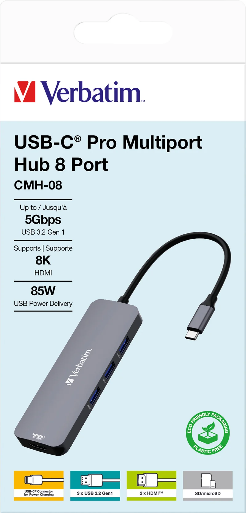 Verbatim Hub, Multiport, CMH-08, 3x USB 3.2-A, USB 3.2-C 2x HDMI 4K, SD, microSD, USB 3.1-C Kabel, Retail