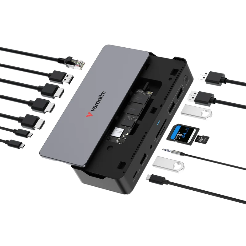 Verbatim Docking Station, USB-C Pro, CDS-15S, 15-Port 4x USB 2.0/3.2-A, 2x USB 3.2-C, 2x HDMI 8K, DP, RJ45, Audio, SD, microSD, SSD M2
