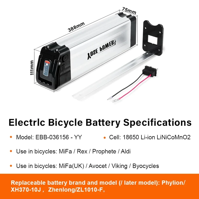 E-bike 18650 Lithium 36V 15Ah Batterie Pack mit USB Silberfischchen Batterie für MiFa Fahrrad Phylion XH370-10J Lithium-Batterie