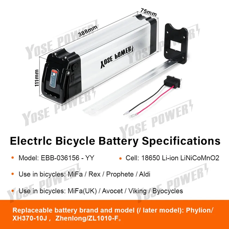 E-bike 18650 Lithium 36V 15Ah Batterie Pack mit USB Silberfischchen Batterie für MiFa Fahrrad Phylion XH370-10J Lithium-Batterie